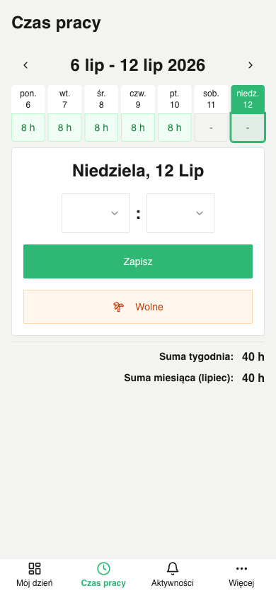 Ewidencja czasu pracy w aplikacji montera — godziny wpisywane bez telefonu do biura