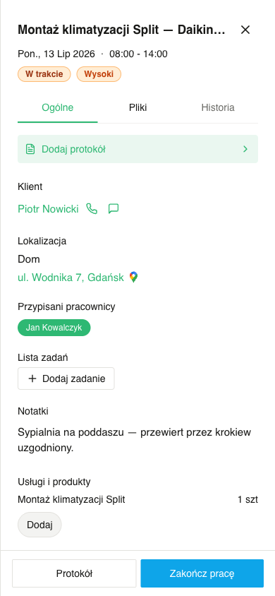 Szczegóły zlecenia w aplikacji montera — usługi, protokół i przycisk Zakończ pracę